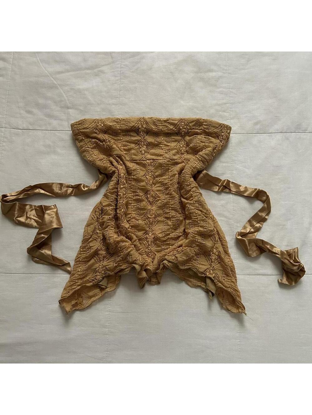 Charlotte Russe Y2K paper tag gold yellow lace tube top with ribbon ties